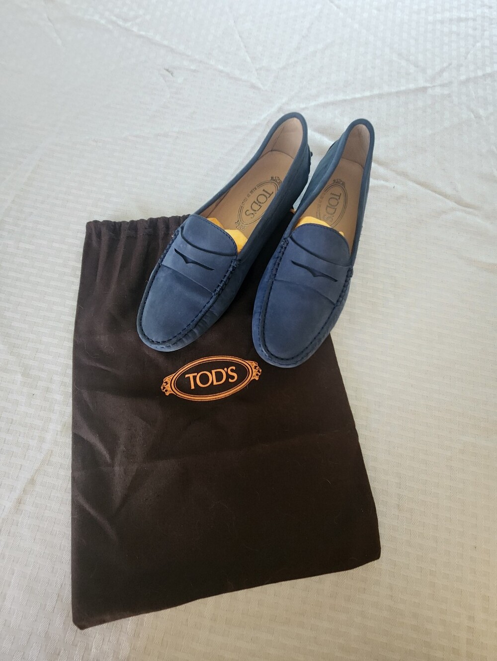 Tod's Blue Nubuck Penny Loafers with Signature Strap and Dust Bag